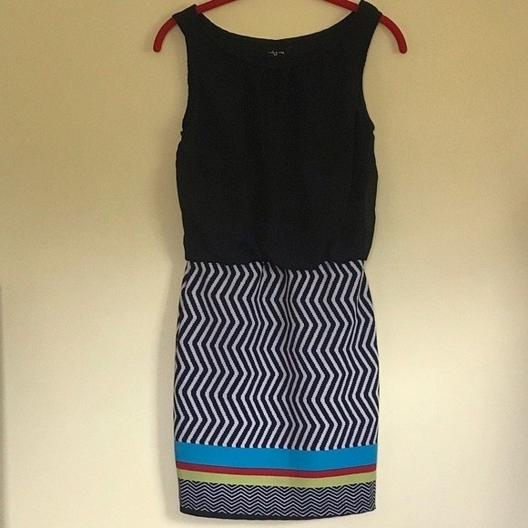Ruby Rox Dress Sz S Black Top with Striped Bottom Blue Red Yellow - Picture 7 of 7